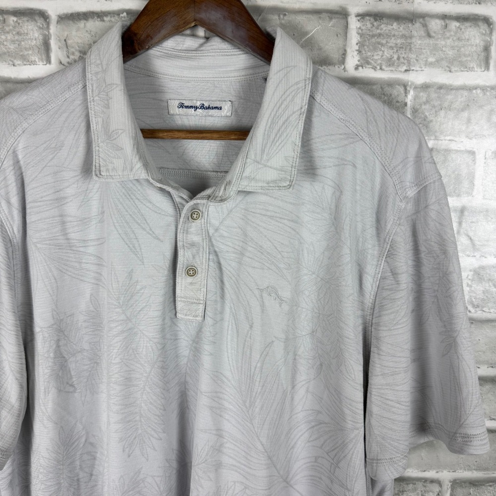 Tommy Bahama Mens XXL Gray Tropical Palm Leaf Print Short Sleeve Polo Shirt